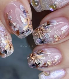 Chrysanthemum Nail Art, Art Nouveau Nails, Simple Gel Designs, Dry Flower Nail Art, Stained Glass Nail Art, Flower Nail Design, Glass Nails Art, Latest Nail Designs, Blush Nails