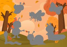 an animated image of some bugs in the woods with leaves falling from trees and grass