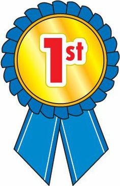 a blue and gold award ribbon with the number 1 in it's center,