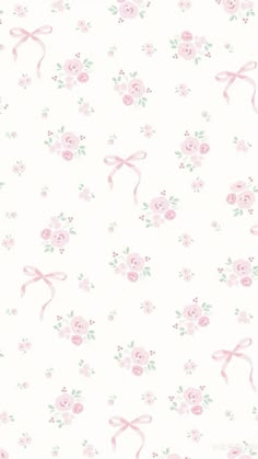 a white background with pink flowers and ribbons