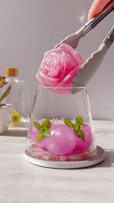 a person cutting into a pink rose in a glass vase with water and flowers inside