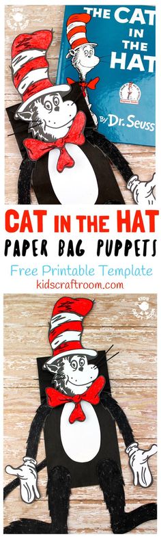 the cat in the hat paper bag puppet is made with construction paper and cut outs