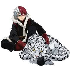 an anime character sitting on the ground next to a white tiger