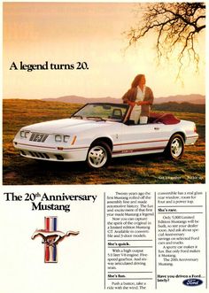 an advertisement for the 20th anniversary mustang car, featuring a woman sitting in the driver's seat