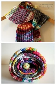 there are two pictures of different knitted scarves