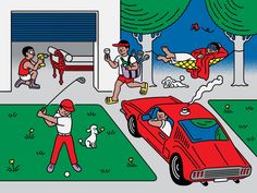 an image of people playing baseball in the yard with cars and dogs on the grass