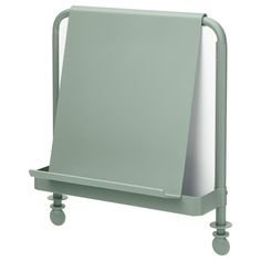 a green easel with wheels and a white board on the back side that is attached to it