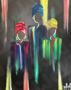 an abstract painting of two women in colorful turbans and head scarves on black background