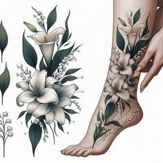 a woman's foot with flowers and leaves on it, next to another drawing