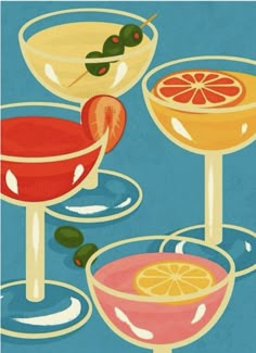 three different types of drinks are shown in this illustration, including oranges and lemons