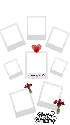 valentine's day greeting card with red roses and hearts on white paper, surrounded by photos