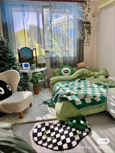 a bed room with a neatly made bed next to a window and a chair in front of it