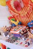 the table is covered with many colorful items