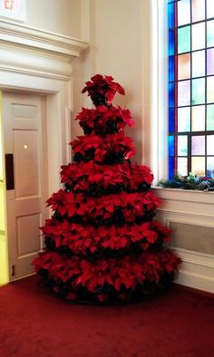 a red christmas tree sitting in front of a window