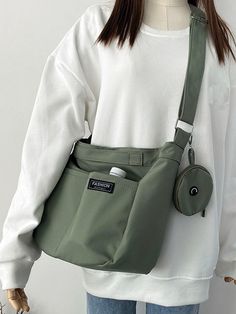 Letter Patch Decor Hobo Bag With Coin Purse , Women Bag With Dime Bag Army Green Casual   Polyester Colorblock,Letter,Striped Hobo Bag   Women Bags, size features are:Bust: ,Length: ,Sleeve Length: Uni Bag, Stylish School Bags, My Style Bags, Tas Bahu, Aesthetic Bags, Hobo Style, Fancy Bags, Coin Bag, Pretty Bags