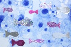 an abstract painting with fish and bubbles in blue, pink, and silver colors on paper