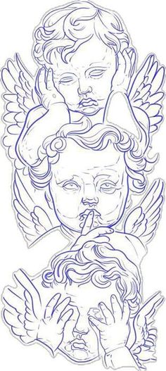 two drawings of angels with hands on their chest and one holding a child's head