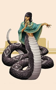 an image of a woman with a snake in her hand and another snake on the ground