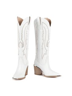 [ SIZE ]: Heel height is  8cm/3.15"[ MATERIAL ]: Women's knee-high cowboy boots wide calf feature durable rubber soles and soft insoles, providing ample support and comfort for the feet. The lining is breathable and soft, suitable for wearing in every season.[ DESIGN ]: The fashionable knee high cowboy boots for women feature unique Western embroidery and pointed design, restoring the classic style of denim boots. Our cowboy boots for women with metal toe have added a metal design on the toe, pe Girls Cowgirl Boots, Tall Cowgirl Boots, Tall Western Boot, Knee High Cowboy Boots, White Cowgirl Boots, Denim Boots, White Shoes Women, Womens Knee High Boots, Boots Women Fashion