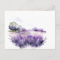 watercolor painting of lavender field with trees