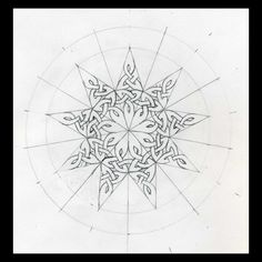 a drawing of an intricate design in black and white with the center star surrounded by intertwined lines