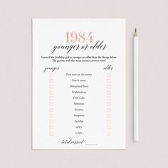 a pink and black wedding guest checklist with a pencil next to it on a white surface