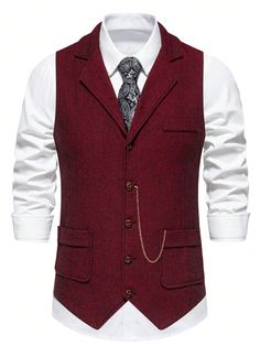 Colete de terno Masculino xadrez espinha de peixe novo, lapela retrô com decoração de corrente de cavalo Vinho Casual  Sem Mangas Camurça Simples  Elasticidade Baixa  Men Clothing, size features are:Bust: ,Length: ,Sleeve Length: Vest With Lapel, Burgundy Suit Men, Victorian Mens Fashion, Red Waistcoat, Waistcoat Fashion, 1940s Suit, Formal Ideas, Men Waistcoat, Mens Dress Outfits