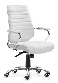 a white office chair with wheels on the back and seat upholstered to the side