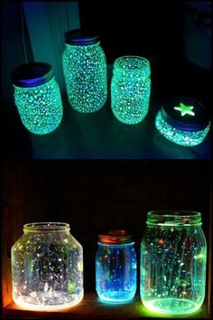 four jars with different colored lights in them