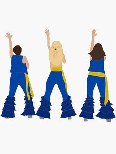 three people in blue and yellow outfits are dancing