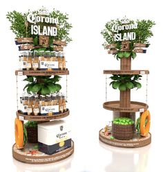 two shelves that have plants and jars on top of each shelf, with the words growing island above them