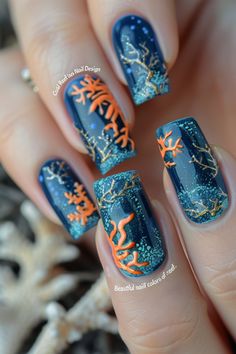 Dive into the beauty of the ocean with a captivating coral reef-inspired nail design, featuring intricate coral formations and shimmering aquatic hues. This mesmerizing manicure pays homage to the wonders of marine life, adding a touch of underwater enchantment to your fingertips. Click for more! Coral Reef Nail Art, Under The Sea Nails Acrylic, Scuba Diving Nails, Sealife Nails, Short Ocean Nails, Scuba Nails, Coral Reef Nails, Sea Creature Nails, Aquatic Nails