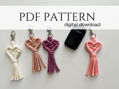 four key chains with different colored tassels attached to them, and the text pdf pattern