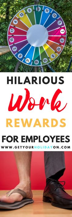 a man standing next to a wheel of fortune with the words hilarious word reward for employees