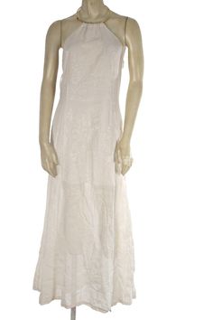 Vintage Faust White Gold Halter Neck Long Dress Size 2 Dress is Pre-owned, Good Vintage Condition There are spots with fabric pulls. White color Fabric contents: 100% Polyester Sleeveless Halter neckline Backless Brand: Faust Size: 2 Material: Polyester Measurements in Inches: Bust: 33 Waist: 24 Hips across: 17 Length from shoulder to hem: 51 Vintage Halter Dress, Color Fabric, Halter Neckline, Dress Clothes For Women, Halter Neck, Fabric Color, White Color, Halter Dress, Long Dress