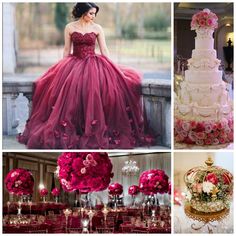 a collage of photos with different types of wedding dresses and flowers on display in front of the bride's cake