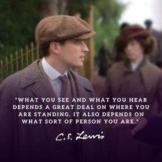 a man in a brown hat and coat with a quote from c s lewis on it