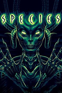 an alien with glowing eyes and hands in front of the word species on it's face