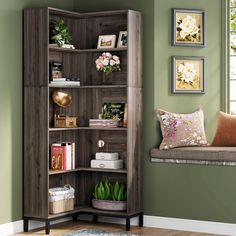 a corner bookcase in a room with green walls