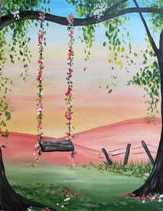 a painting of a swing hanging from a tree in a field with flowers on it