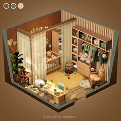 an overhead view of a small house with furniture and decor on the floor, including a crib