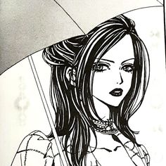 a black and white drawing of a woman holding an umbrella with her hand on her hip