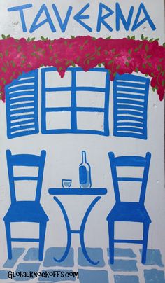 a painting of two chairs and a table in front of a window with the words tavern on it