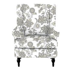 an upholstered chair with floral print on the back and legs, against a white background