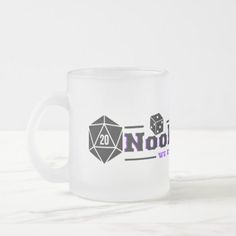 a frosty glass mug with the words noob in purple and black on it