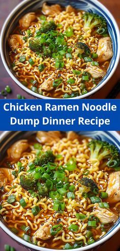 chicken ramen noodle soup with dumpp dinner recipe is shown in two bowls