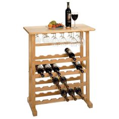 a wooden wine rack with many bottles and glasses