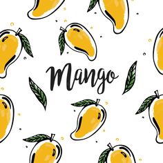 mangos with leaves and the word mango written in black ink on a white background