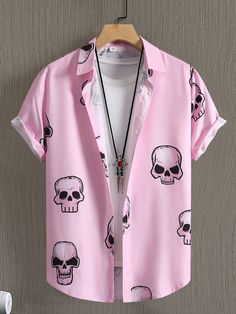 Hombres Camisa estampado de cráneo sin camiseta Rosa Casual  manga corta Tela Halloween Camisa No-Elástico Verano Men Clothing, size features are:Bust: ,Length: ,Sleeve Length: