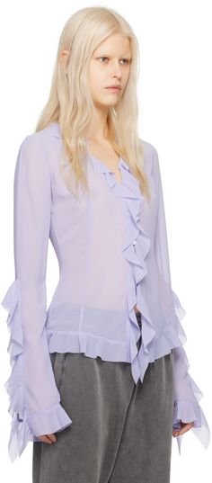 Sheer polyester chiffon blouse. Ruffled trim throughout. · Paneled construction · V-neck · Button closure · Button fastening at vented cuffs Supplier color: Lilac purple Perfect Blouse, Black Lace Blouse, Velvet Blouses, Purple Blouse, Bow Blouse, Chiffon Ruffle, Puff Sleeve Blouse, Lilac Purple, Chiffon Blouse